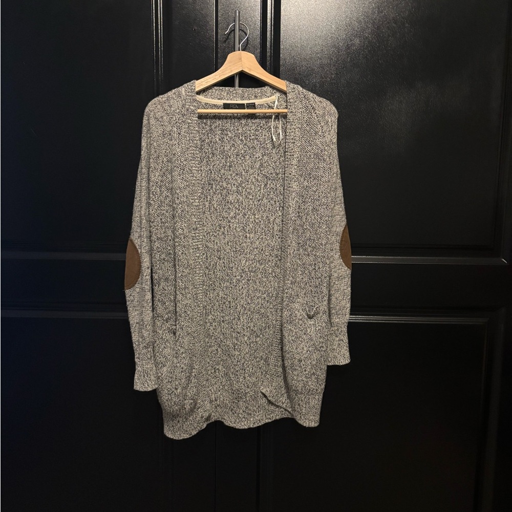 RDI Heather Gray Cardigan with Tan Elbow Patches